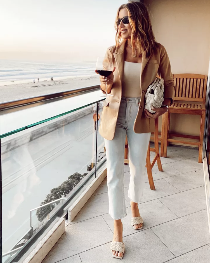 blazer and bodysuit with straight leg jeans outfit idea 2021
